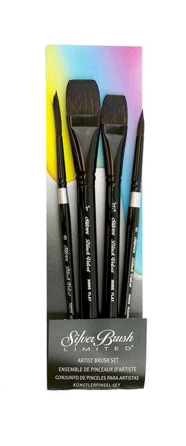 A Black Velvet 4-piece Watercolor Set: Flat 1, Flat 3/4, Round #8, Script  Liner #8